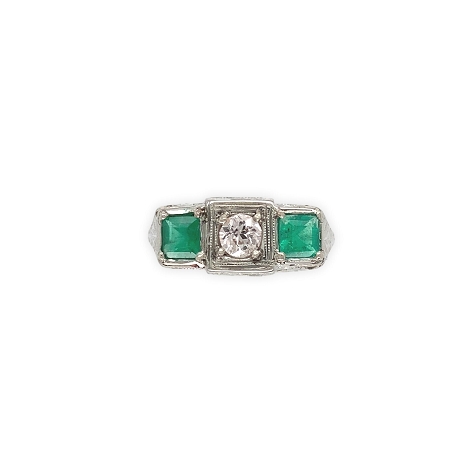 14K 3 Stone Ring with 2 Emeralds (.39ct) & 1 Diamond (.23ct)   j7646